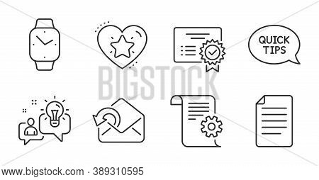 Smartwatch, File And Ranking Star Line Icons Set. Certificate, Quickstart Guide And Technical Docume