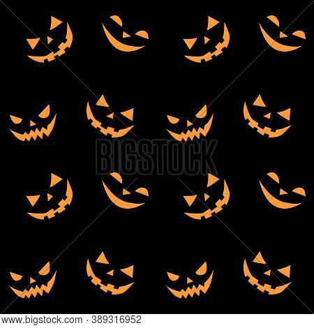 Seamless Pattern Of Smiling Scary Faces In Flat Style. Halloweens Vector Background And Texture For 