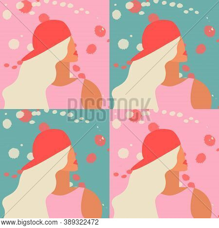 Beautiful Blond Girl With Red Baseball Cap In Pofile. Flat Vector Illustration With Abstract Backgro