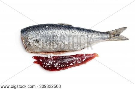 Fresh  Herring Fish With Caviar Isolated On White