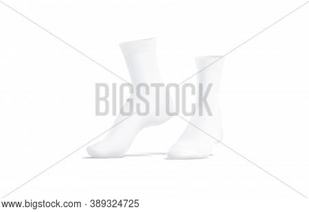 Blank White Long Socks Mockup Pair On Tiptoe, Side View, 3d Rendering. Empty Sporty Cotton Quarter K