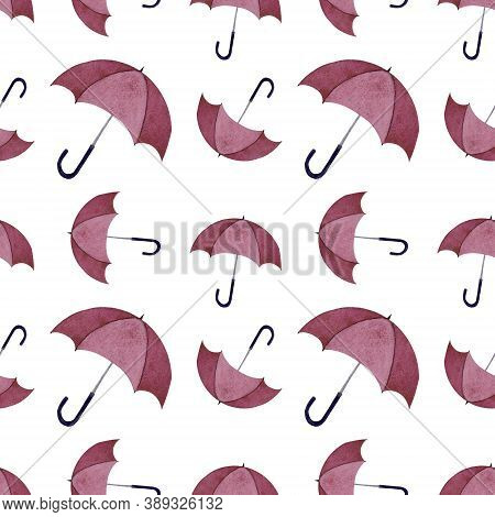 Seamless Pattern With Umbellas On White Background. Watercolor Illustration