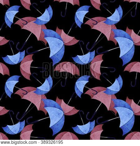 Seamless Pattern With Umbellas On Black Background. Watercolor Illustration