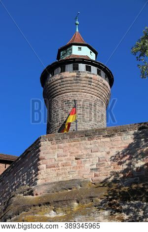 Nuremberg Castle View With Sinwell Tower. Landmark In Germany.