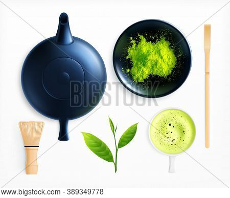 Matcha Tea Realistic Collection With Isolated Images Of Teapot Cup And Powder With Leaves And Stirre