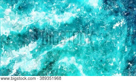 Abstract Watercolor Ocean. Primary Colors Are Blue, Cyan. Texture For Background, Design, Interior, 