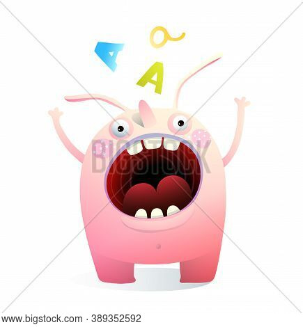 Monster Mascot Shouting Screaming Mouth Wide Open. Bizzare Creature Waving And Calling Funny Kids Ve