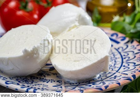 Fresh Handmade Soft Italian Cheese From Campania, White Balls Of Buffalo Mozzarella Cheese Made From