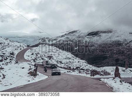 Editorial 09.07.2019 Dalsnibba Norway, People Arriving To The Mountain Top Of Dalsnibba With The Sno