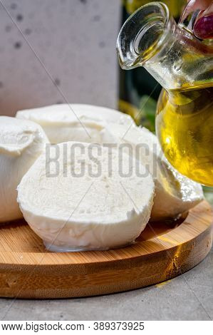 Fresh Handmade Soft Italian Cheese From Campania, White Balls Of Buffalo Mozzarella Cheese Made From