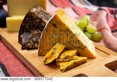 British And Irish Cheeses, Tasting Plate With Blue Shropshire, Brown Porter Cheese And Smoked Chedda