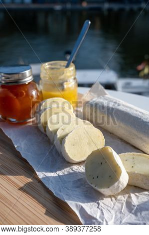 Belgian Abbey Cheese Fagotin In Pieces With Jam Served Outdoor, Wallonia, Belgium