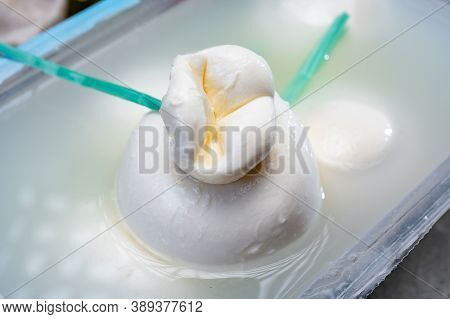 Fresh Handmade Soft Italian Cheese From Puglia, White Balls Of Burrata Or Burratina Cheese Made From