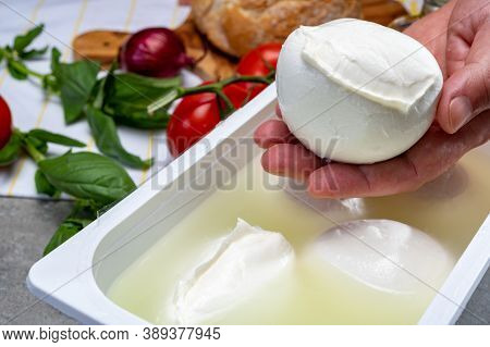 Cheese Maker Holding In Hand Fresh Handmade Soft Italian Cheese From Campania, White Balls Of Buffal
