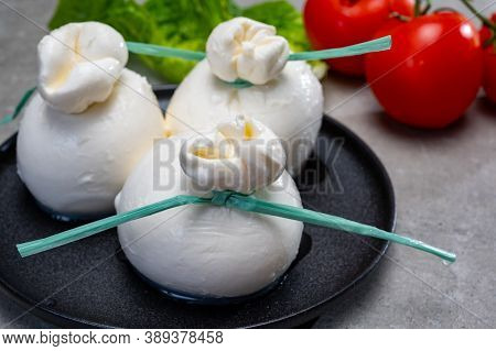 Cheese Collection, Fresh Soft Italian Cheese From Puglia, White Balls Of Burrata Or Burratina Cheese