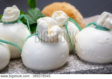 Cheese Collection, Fresh Soft Italian Cheese From Puglia, White Balls Of Burrata Or Burratina Cheese