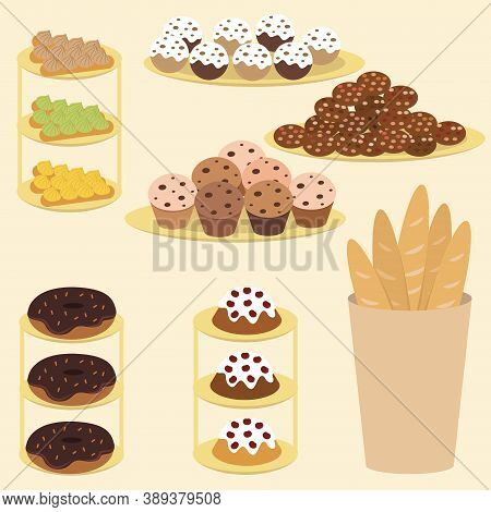 Pastry Illustrations Set. Baguettes, Muffins, Cakes, Cupcakes, Pastries Cookies And Sweets Vector Il