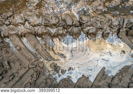 Close-up Of A Fresh Tractor Track In The Mud. The Photo Was Taken In The Autumn Season On A Dutch Fo