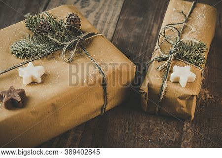 gifts on a wooden table for Christmas celebrations