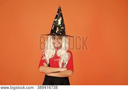 Looks Perfect. Trick Or Treat. Supernatural Charmer Gray Hair. Kid Enchantress Orange Background. Ha