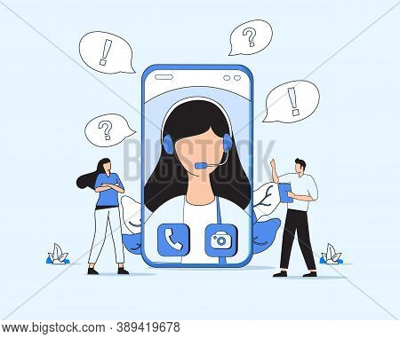 People Characters Talking With Customer Support. Woman And Man Ask Questions And Receive Answers. On