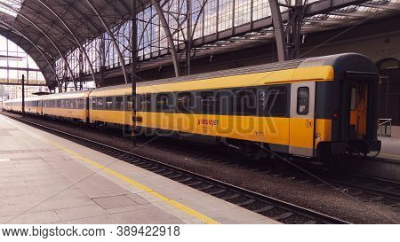 Prague, Czech Republic - September 27, 2020:regiojet Student Agency Yellow Train Carriage On Prague 