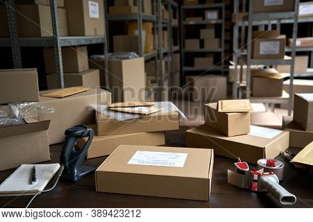 Distribution Warehouse Background, Commercial Shipping Order Boxes For Dispatching On Stockroom Tabl