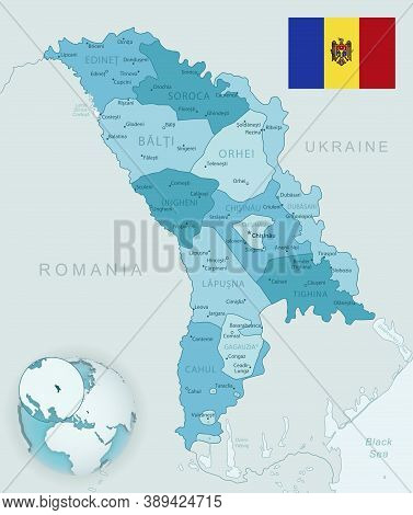 Blue-green Detailed Map Of Moldova Administrative Divisions With Country Flag And Location On The Gl