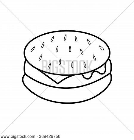 Black And White Burger, Vector Illustration. White Burger With Black Line. Sesame Seeds And Seeds Ar