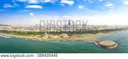 Aerial View Panoramic Of Kaohsiung City Harbor And Cijin Beach . Taiwan.