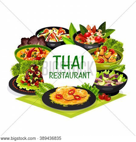 Thai Cuisine Vector Thailand Dishes Coconut Milk Fish Soup, Tom Yam Kung And Fried Shrimp Rice, Pork