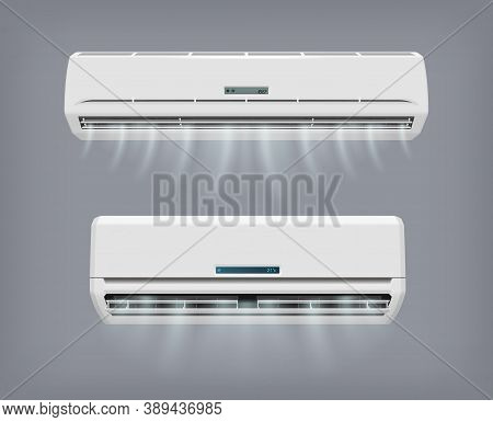 Air Conditioner Vector Device For Home Conditioning. Working Fan With Digital Panel Show Temperature