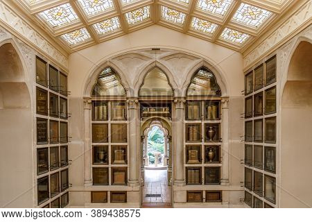 Oakland, California - October 11, 2020: Niches Of Urns And Exit To A Garden At The Columbarium Of Ch