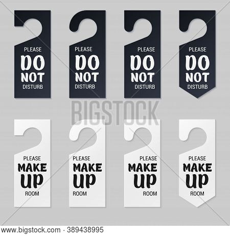 Door Hangers For Hotel Room. Set Of White And Black Label Hanger With Text For Hotel Or Resort. Temp