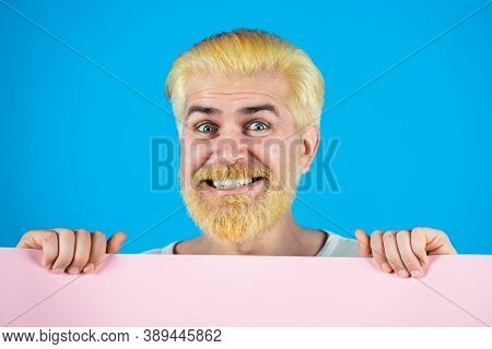 Insert Text Or Slogan. Man Holding Big Sign Board. Copy Space On Paper. Man Holding Empty Sheet Of A