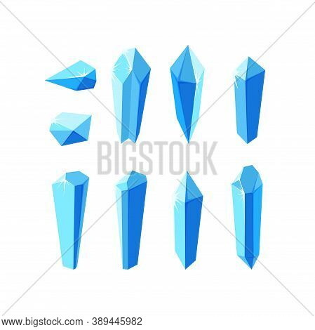 Ice Crystals And Minerals Isolated In White Background. Set Of Separate Crystals And Their Pieces. W