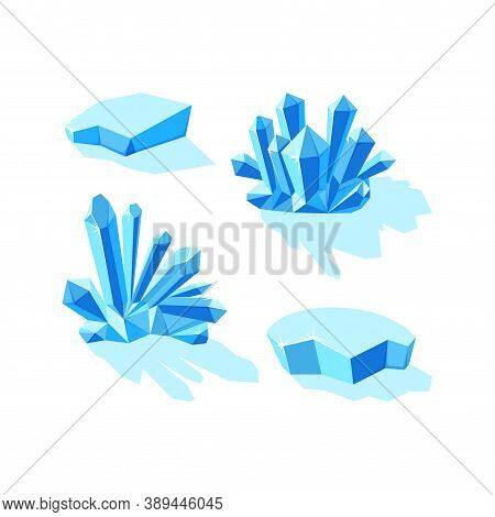 Ice Crystals And Icebergs Isolated In White Background. Set Of Druses And Separate Crystals Made Of 