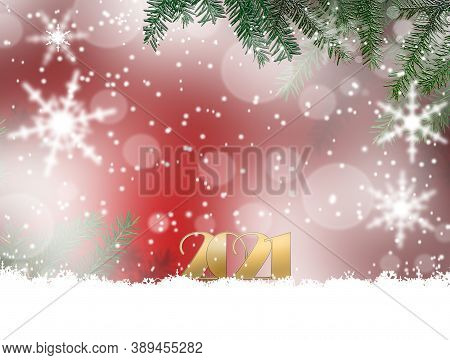 Christmas 2021 New Year Background With Fir Tree, Snowflakes, Gold Digit 2021 In Snow, Bokeh On Wood