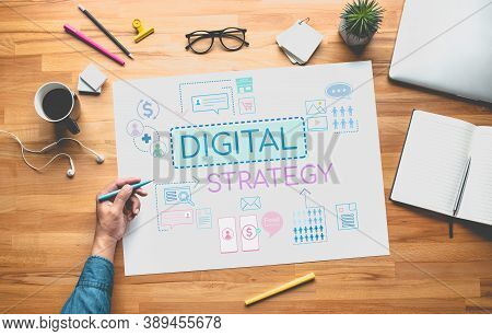Digital Strategy Or Business Online Concepts With Young Person Thinking And Planning Platform Ideas.