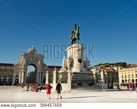 Lisbon, Portugal - October 01, 2019:  People And Tourists  Visiting  The Statue Of King Jose I And T