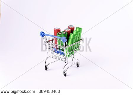 Li Ion 18650  Battery In The Shopping Cart, On The White Background.