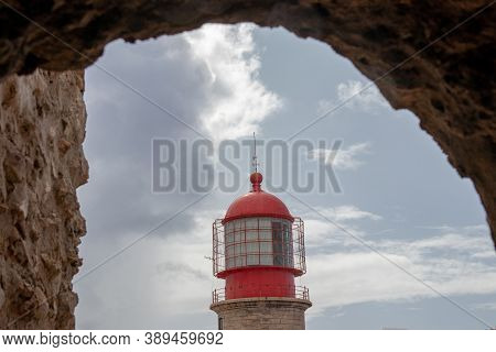 Cabo Sao Vicente, Sagres, Portugal, September 18, 2020. The Lighthouse At Saint Vincent Cape Is Cons