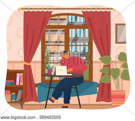 Programmer Man In Eyeglasses With Laptop On Table Sitting And Working At Home, Quarantine Distance W