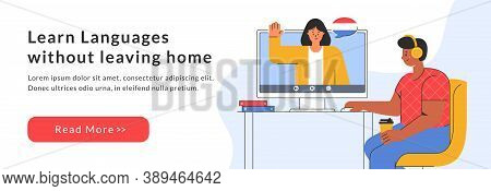 E-learning A Foreign Languages At Home. A Man Is Studying An Online French Course On The Website. Di