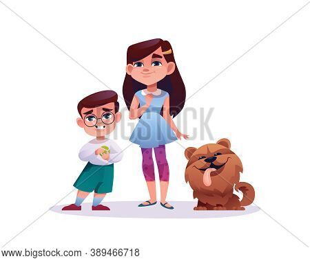 Children With Cute Dog Isolated On White. Vector Cartoon Preschool Boy In Glasses With Ball And Girl