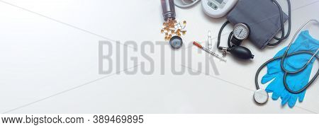 Different Medical Objects On White Background. Health Care. Top View. Place For Text. Copy Space. Ba