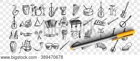 Musical Instruments Doodle Set. Collection Of Hand Drawn Sketches Templates Drawing Patterns Of Musi