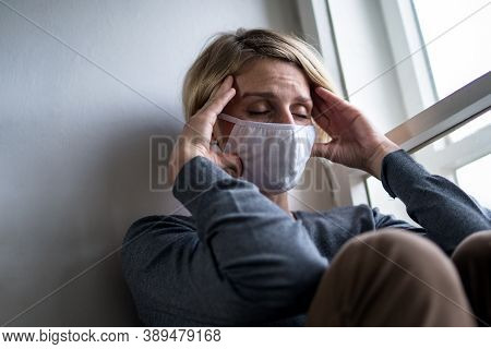 Woman Indoors At Home Feeling Stressed, Mental Health And Coronavirus Concept.