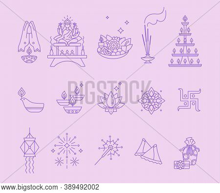 Diwali, Hindu Festival Of Lights - Set Of Outline Icons. Deepavali Symbols. Lamps Dipa, Sand Art Ran