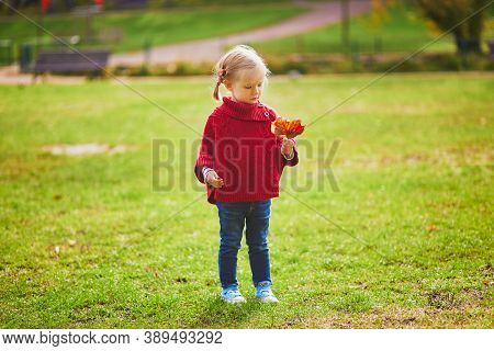 Adorable Toddler Girl Playing In Autumn Park. Happy Kid Enjoying Fall Day. Outdoor Activites For Kid
